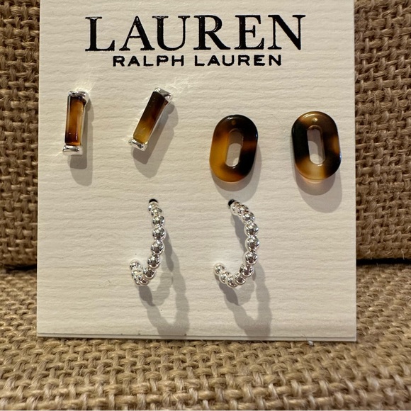 NWT Ralph Lauren Set of 3 Pair Earrings - silver tone & faux tortoise - Picture 2 of 6